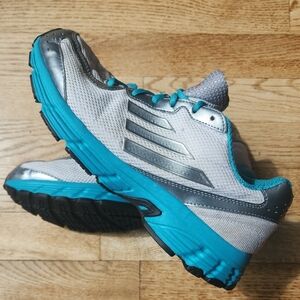 (8) Adidas Metallic Silver, Teal and White Sneaker Comfy Athletic Athleisure Gym